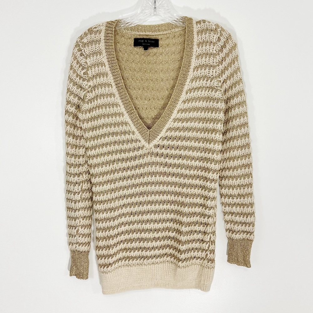 Rag & Bone Alpaca Metallic Blend Striped Sweater V Neck Size Small